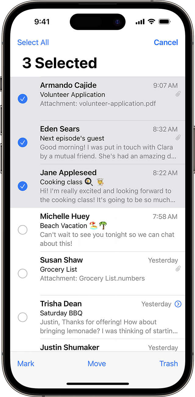 iPhone showing Mail app with three messages selected
