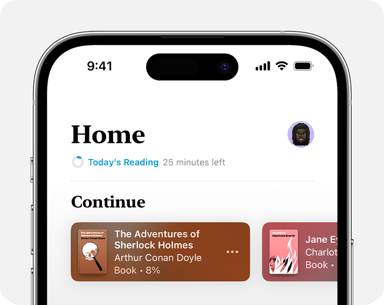 شاشة iPhone تعرض الشاشة الرئيسية لتطبيق "الكتب" 