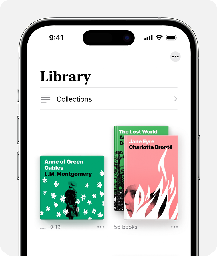 iPhone-scherm met het gedeelte 'Bibliotheek' van de Boeken-app. 