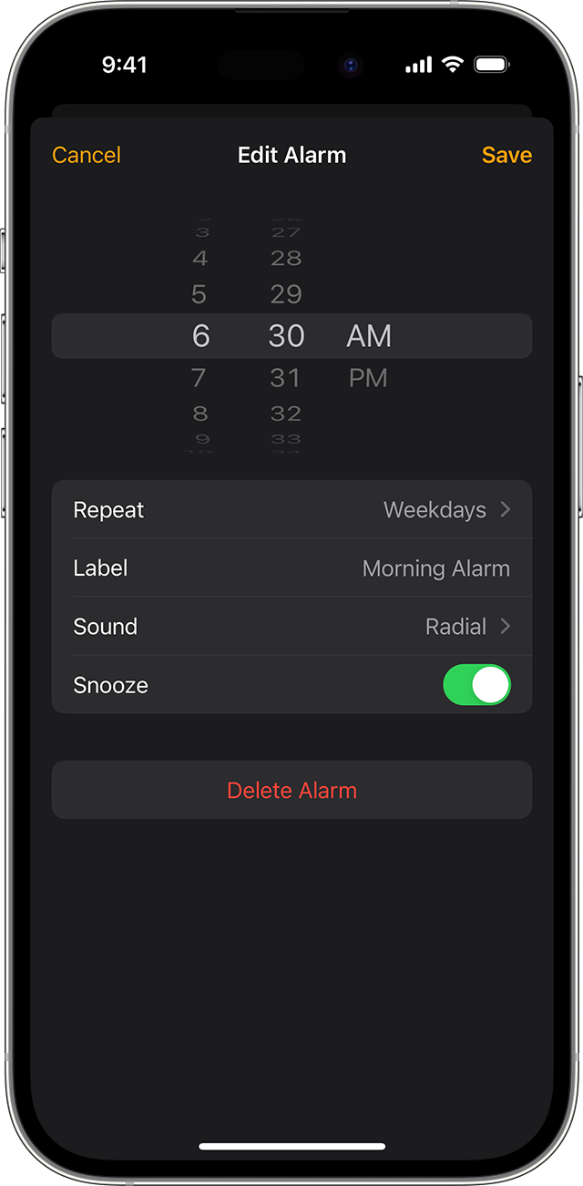 Edit an alarm on iPhone in the Clock app.