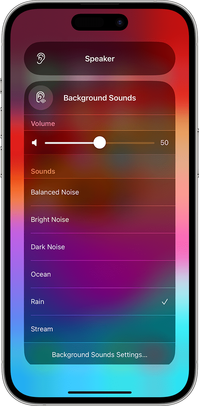 iPhone showing the Background Sounds menu. The Background Sounds button is at the bottom of the screen in the centre.