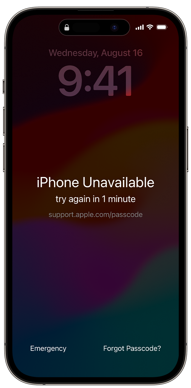 The iPhone Unavailable screen in iOS 17 or later includes a Forgot Passcode? option.