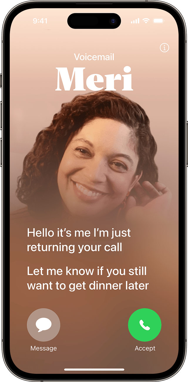 Un iPhone en el que se muestra una llamada entrante con una transcripción en tiempo real de un mensaje de voz que alguien deja. También hay dos botones: uno para enviar un mensaje a la persona que llama y otro para aceptar la llamada.