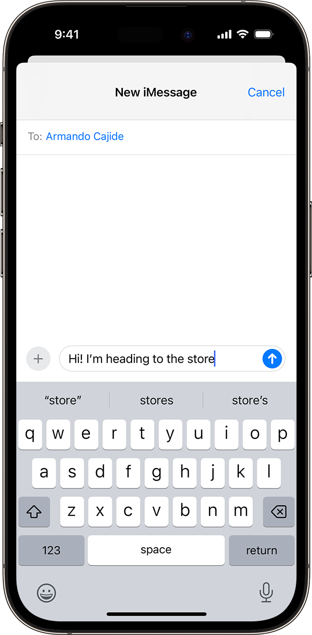 Ecrã do iPhone a mostrar as sugestões de texto à medida que escreve uma palavra nas Mensagens.