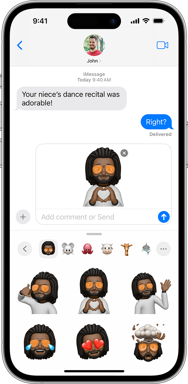 iPhone showing how to select a Memoji sticker.