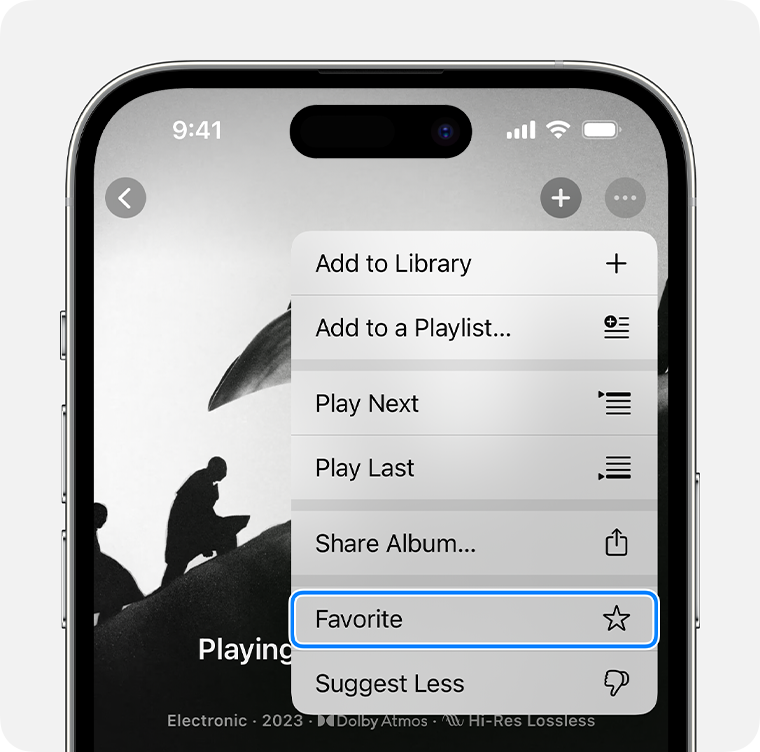 iPhone en el que se muestra la opción Favorito seleccionada al agregar un álbum a favoritos