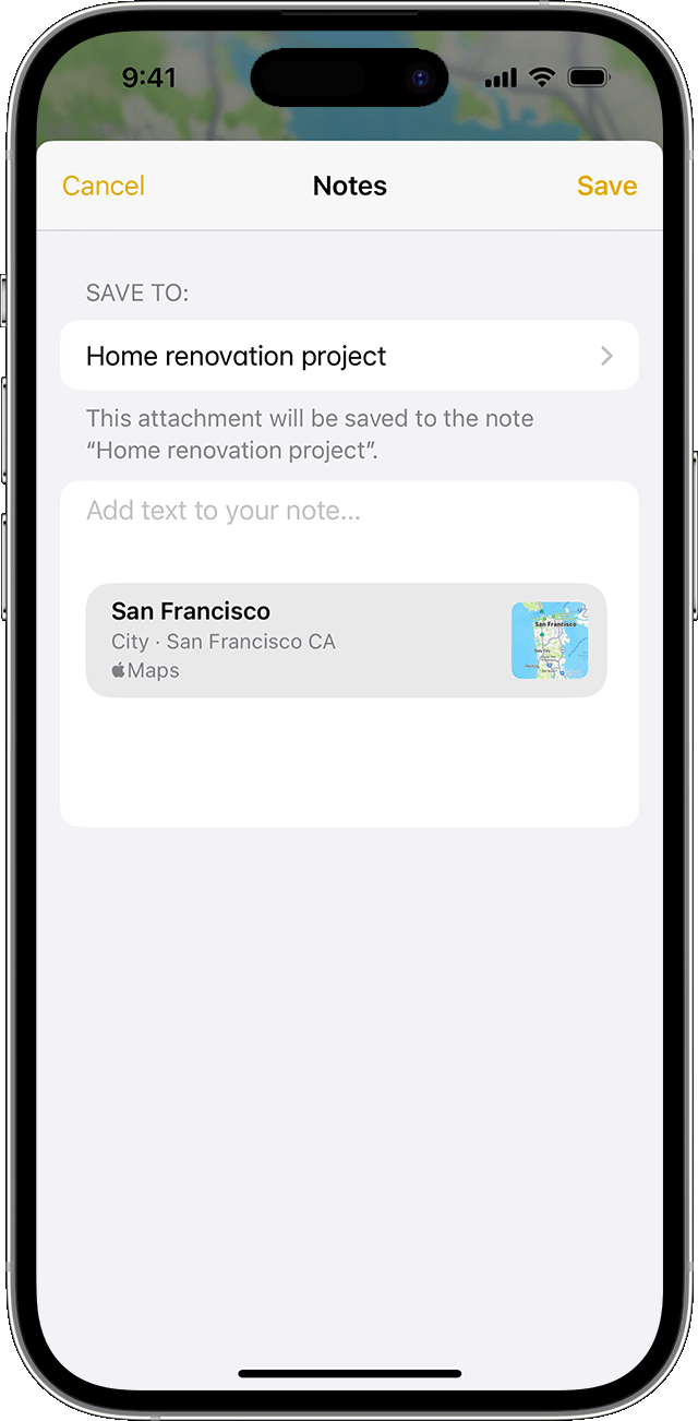 iPhone que muestra cómo agregar un archivo adjunto en la app Notas.