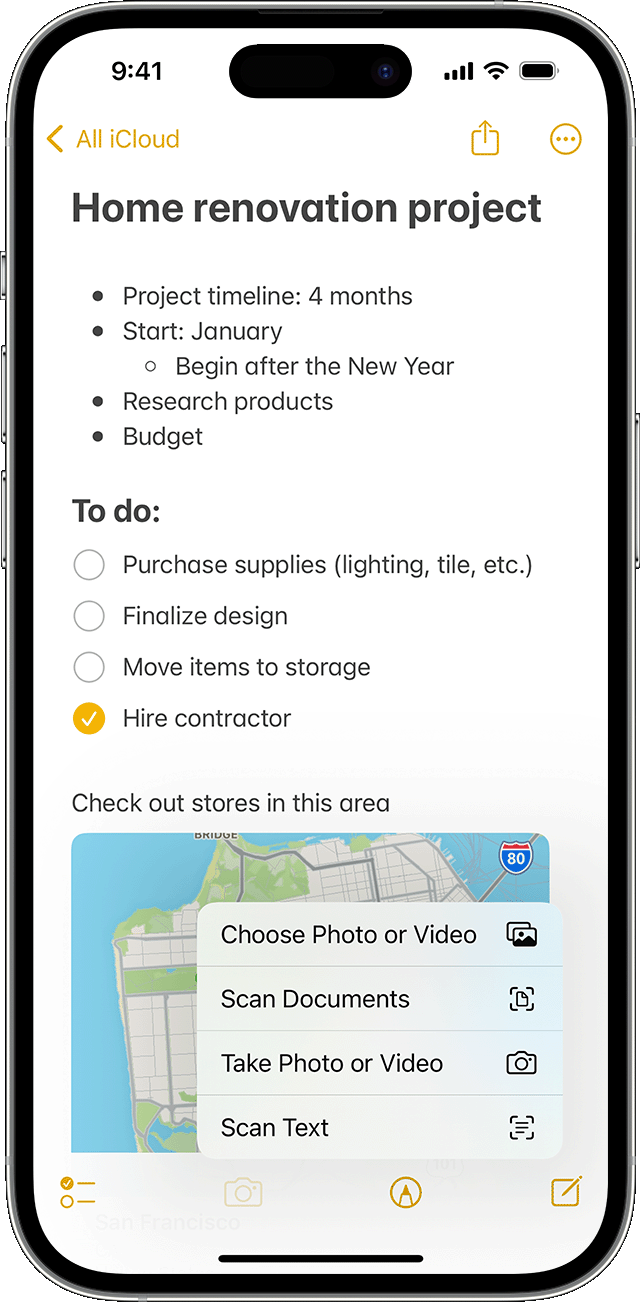 iPhone que muestra cómo agregar una foto o un video a una nota en la app Notas.