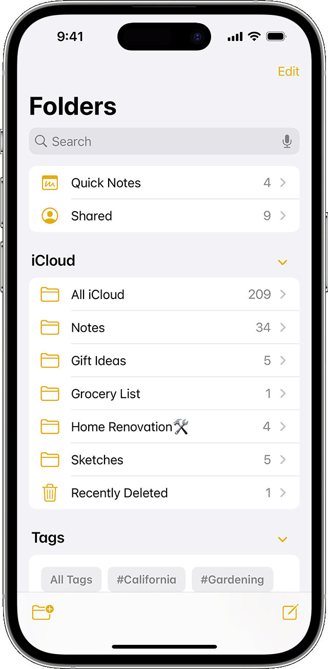 iPhone que muestra cómo crear una carpeta en la app Notas.