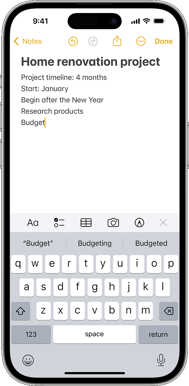 메모 앱에서 메모를 작성하는 방법이 표시된 iPhone.