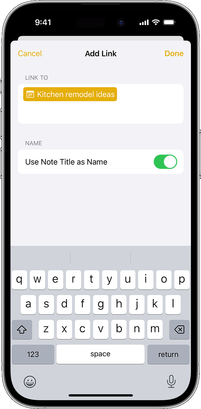 Las opciones para agregar un enlace en Notas en un iPhone con iOS 17 o versiones posteriores.