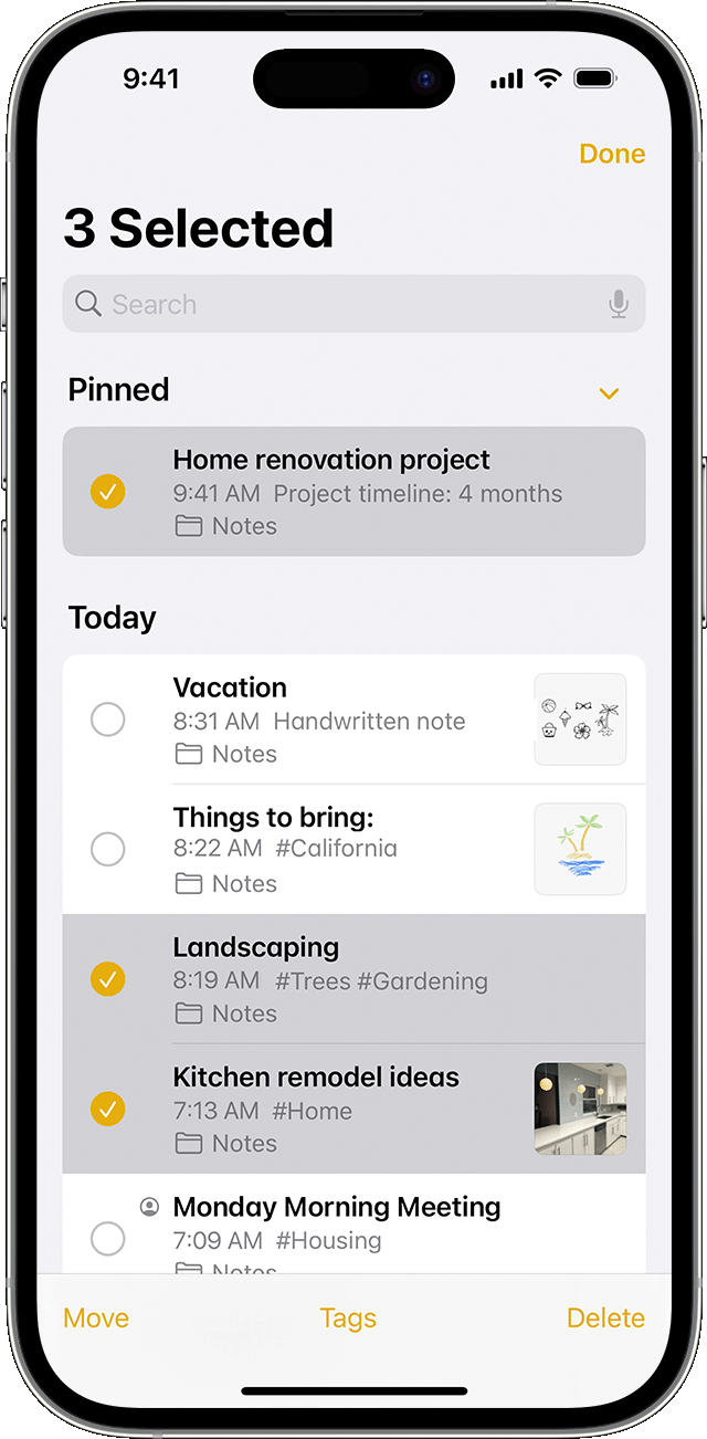 iPhone que muestra cómo mover la nota a otra carpeta en la app Notas.
