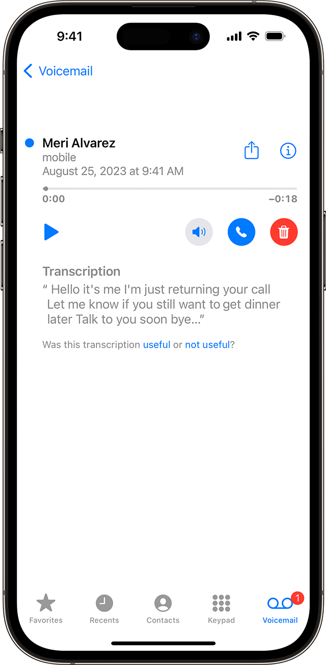 An iPhone showing a voicemail transcription in the Voicemail tab of the Phone app.