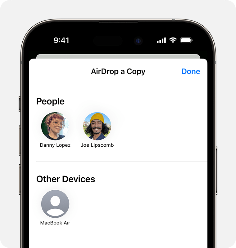 An iPhone showing the AirDrop a Copy screen with people and devices you ...