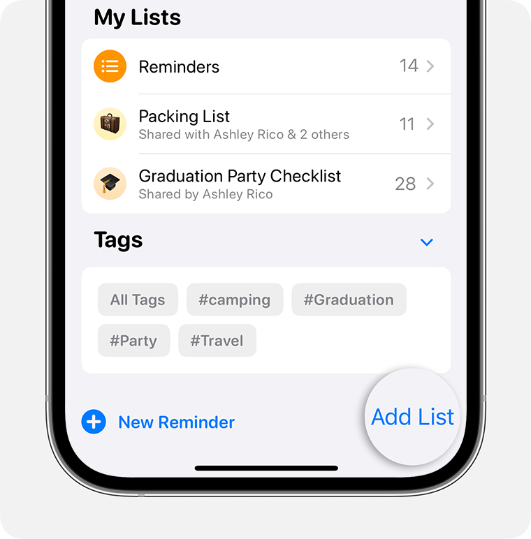 On the lists page in Reminders, tap Add List to create a new one.