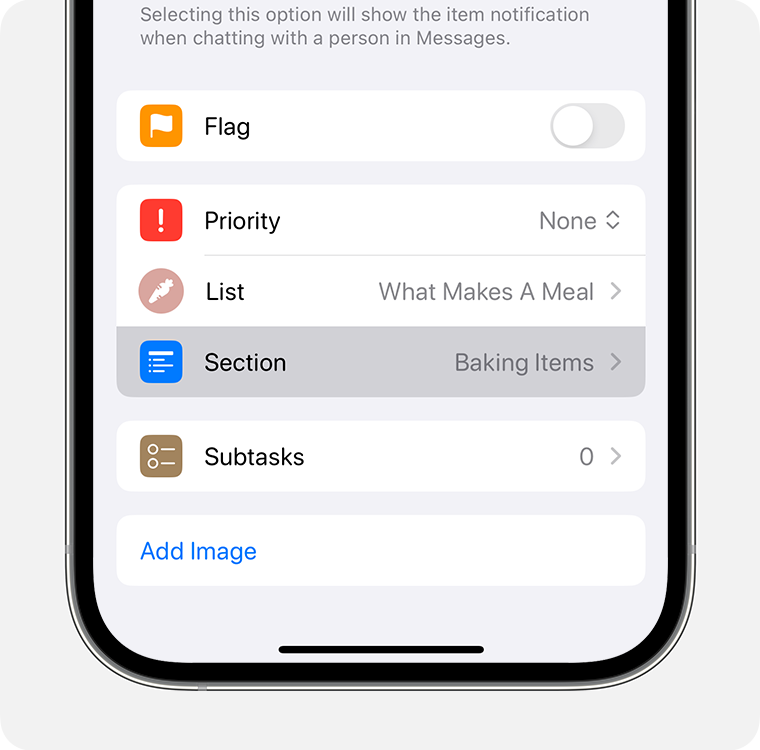 If Reminders doesn’t categorise a Groceries item correctly at the first attempt, you can manually choose a section.