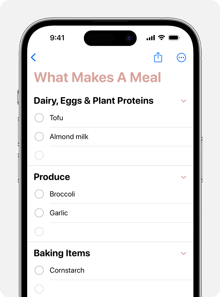 With a Groceries list in Reminders, items will be automatically categorised when you add them.