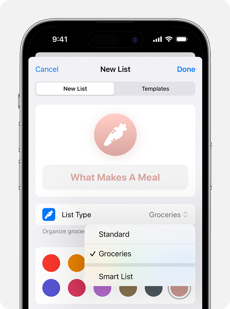 I iOS 17 og nyere kan du velge «Dagligvarer» som en listetype i Påminnelser.