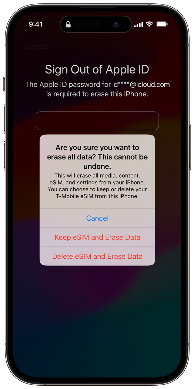 When you go through the process to reset your passcode in iOS 17 and later, you can choose to keep your eSIM or delete your eSIM.