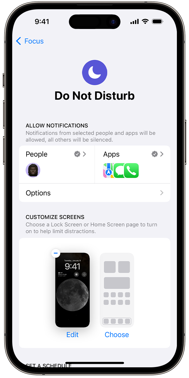 In the settings for Do Not Disturb, you can choose people or apps to receive notifications from when your Focus setting is on.