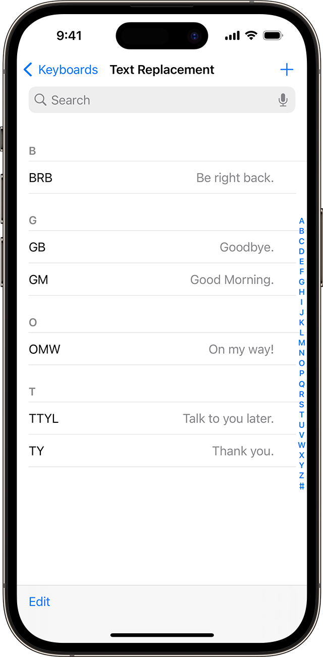 Uma lista de atalhos de texto configurados para utilização no iPhone.