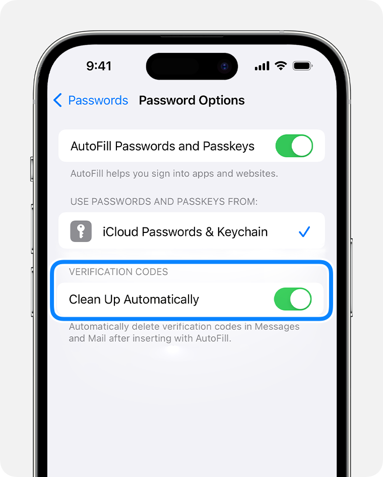 In iOS 17 und neuer können Nachrichten in „Nachrichten“ automatisch gelöscht werden, die Codes zur Passwortüberprüfung enthalten, nachdem du diesen Code verwendet hast. 