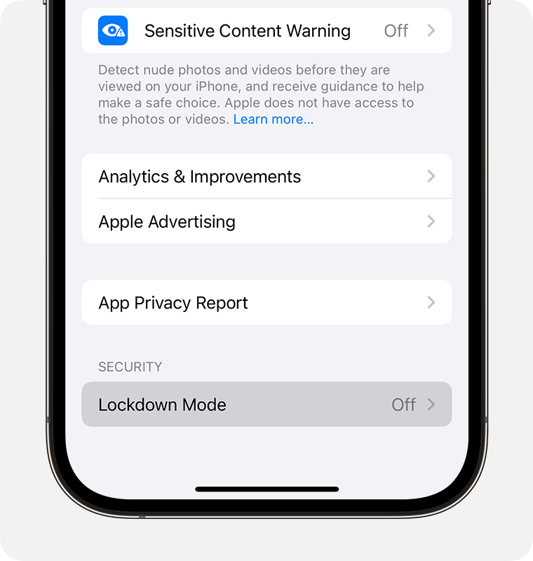 In Privacy & Security settings on iPhone, turn on Lockdown Mode.