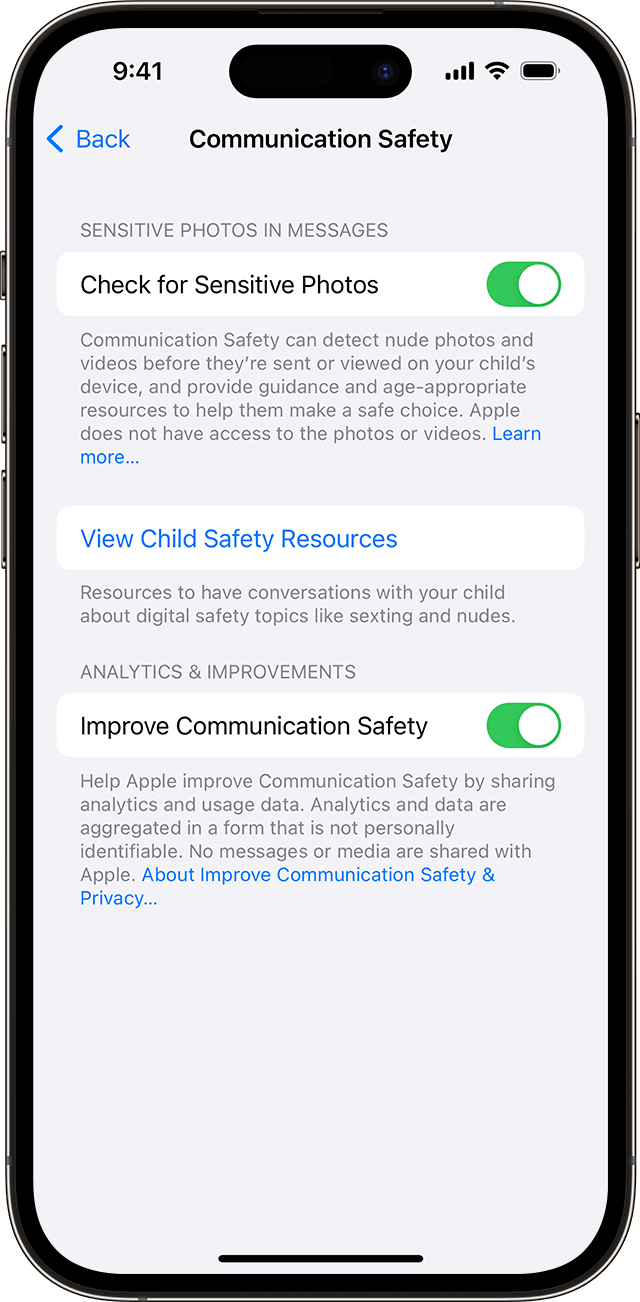 En el iPhone, en Configuración, activa la opción Seguridad en la comunicación para detectar imágenes o videos de desnudos en el dispositivo de tu hijo o hija.