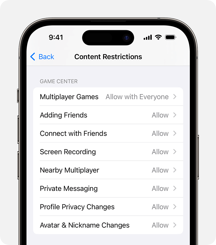 iPhone screen showing Content Restrictions options for parental controls 