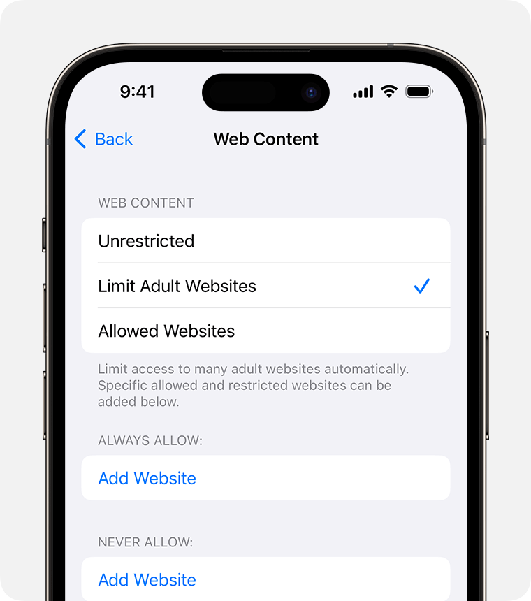iPhone screen showing Web Content options for parental controls