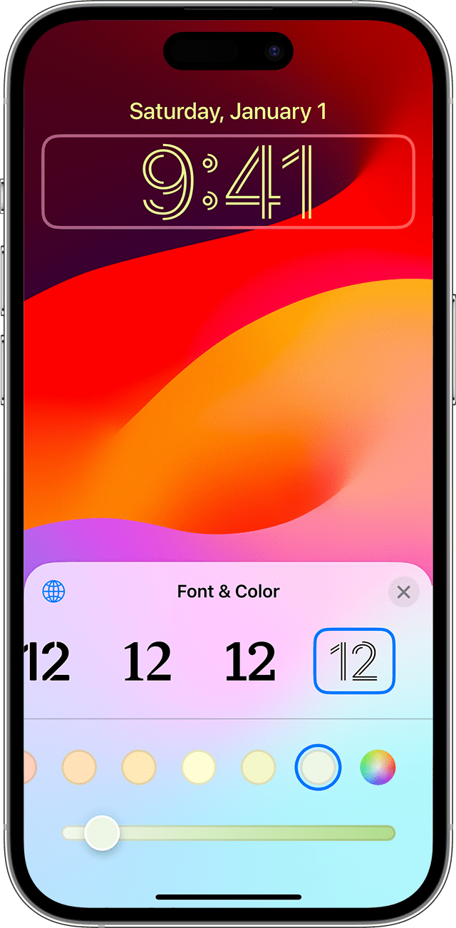 Šrifto ir spalvos parinktys, kuriomis galima pritaikyti laiko rodymą užrakintame ekrane „iOS 17“.