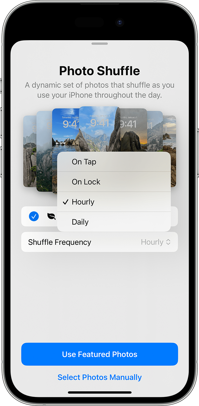 „Photo Shuffle“ (nuotraukų maišymas) dažnio parinktys, kai nustatote, kad kelios nuotraukos būtų rotuojamos kaip jūsų užrakintas ekranas įrenginyje „iPhone“.