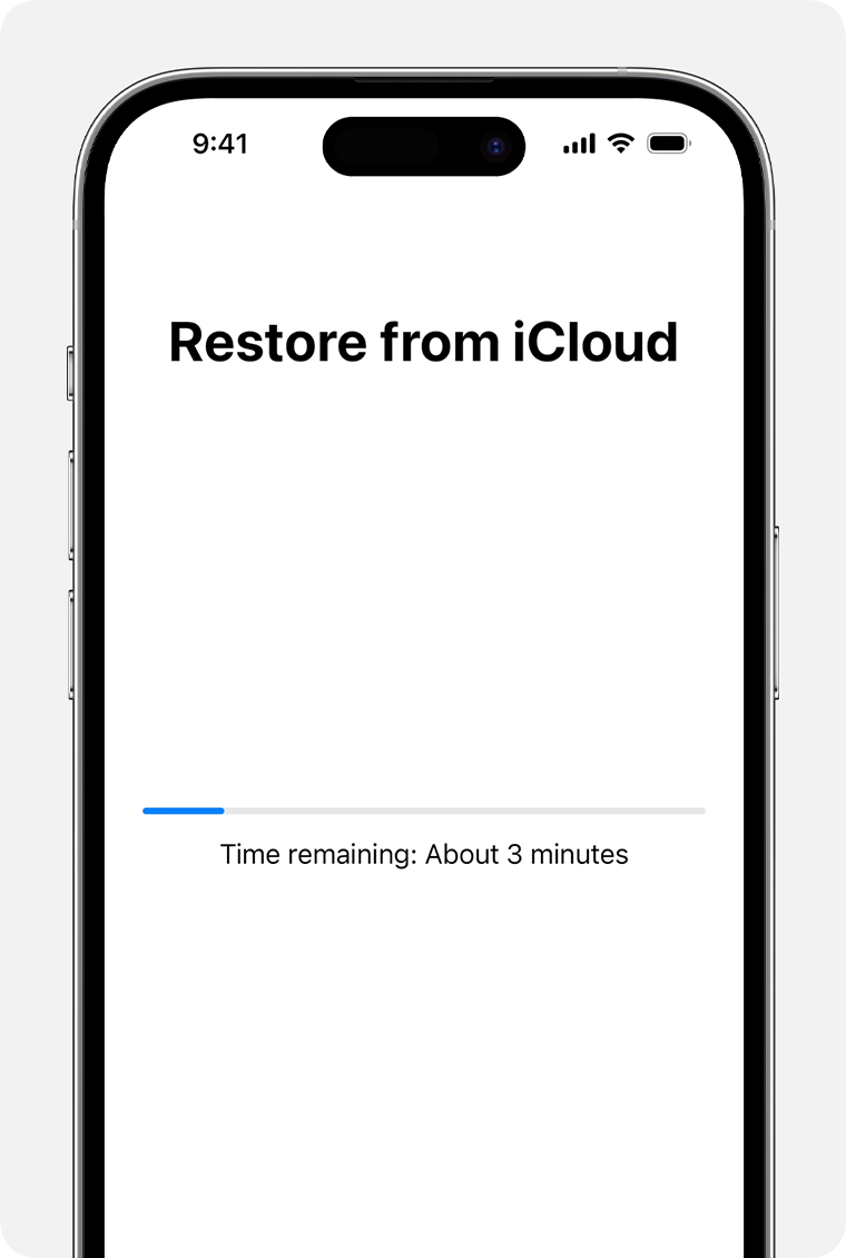 iPhone, на който се показва състоянието на възстановяване на вашето устройство от запасно копие на iCloud