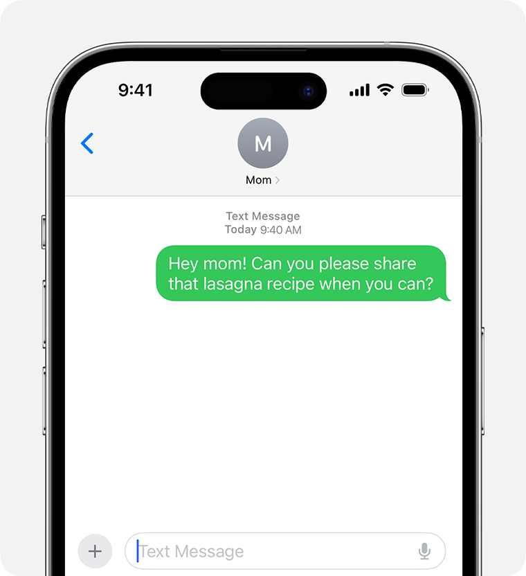 A text to Mom asks about lasagna recipes, and it appears in a green bubble because it was sent via SMS or MMS messaging.