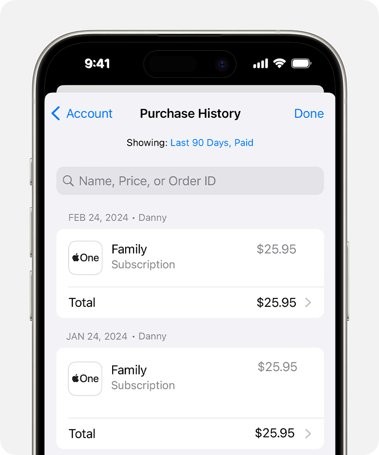 An image showing Purchase History on an iPhone