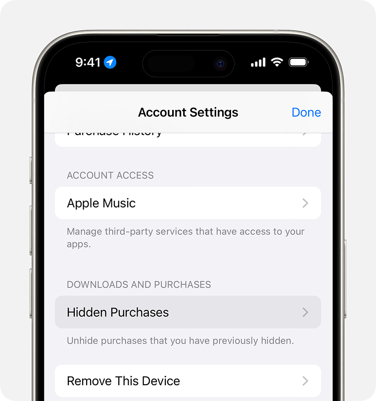 App Store sur iPhone affichant les réglages du compte, avec l’option Achats masqués en surbrillance