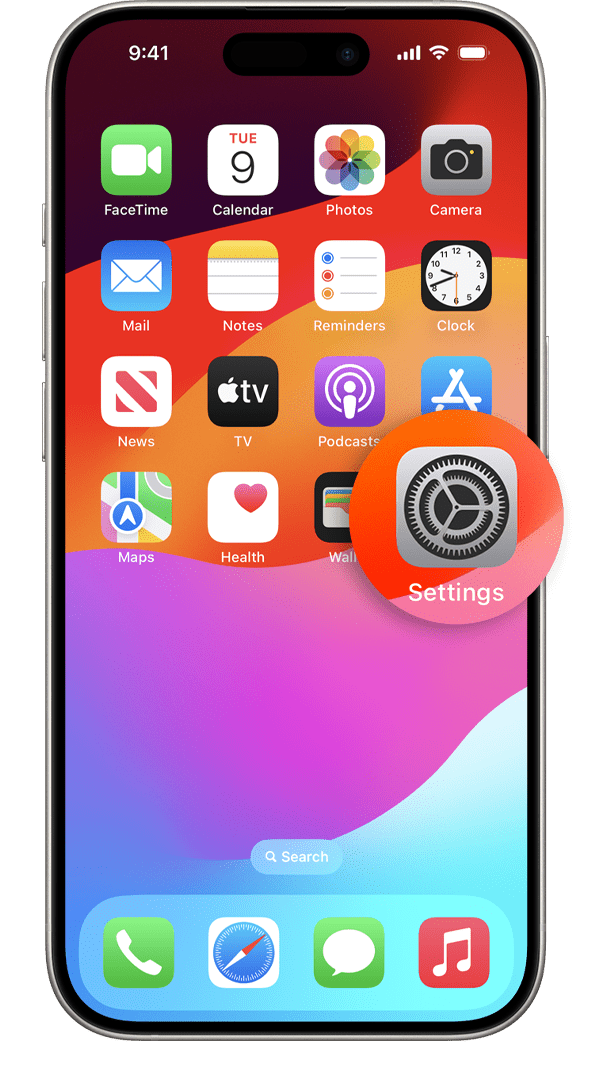 „iPhone“ rodomas pagrindinis ekranas su padidinta programos „Settings“ (nuostatos) piktograma.