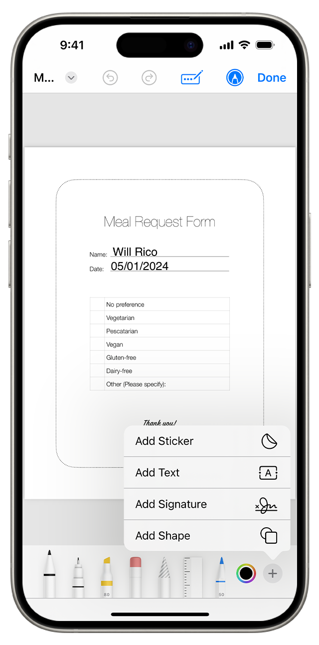 In iOS 17, you can use Markup to add text, shapes or even a signature to documents and images.