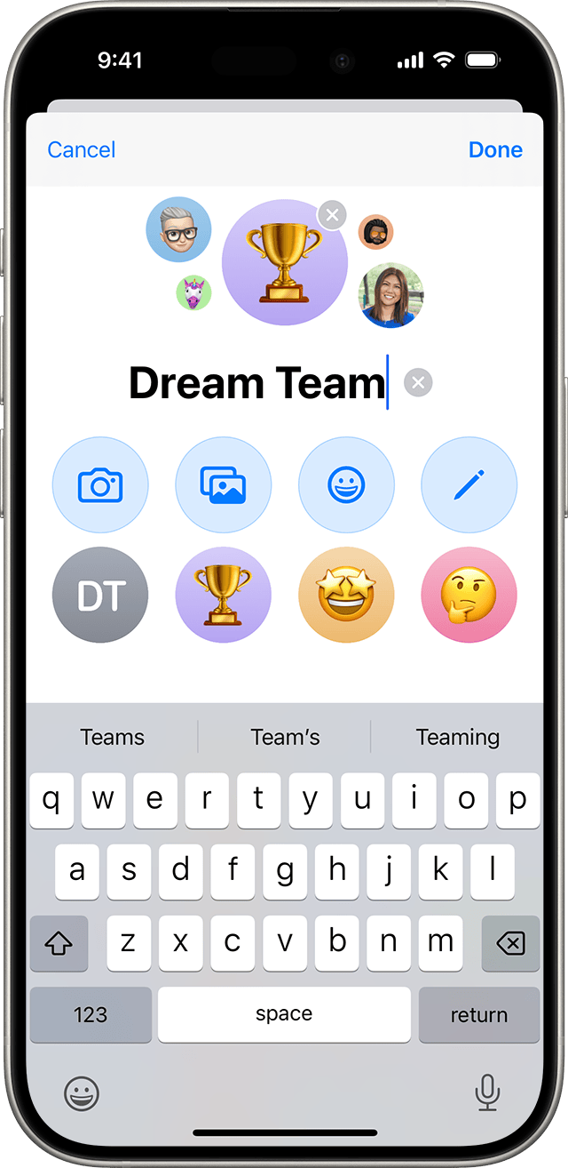 An iPhone showing how to add a name and photo to a group text
