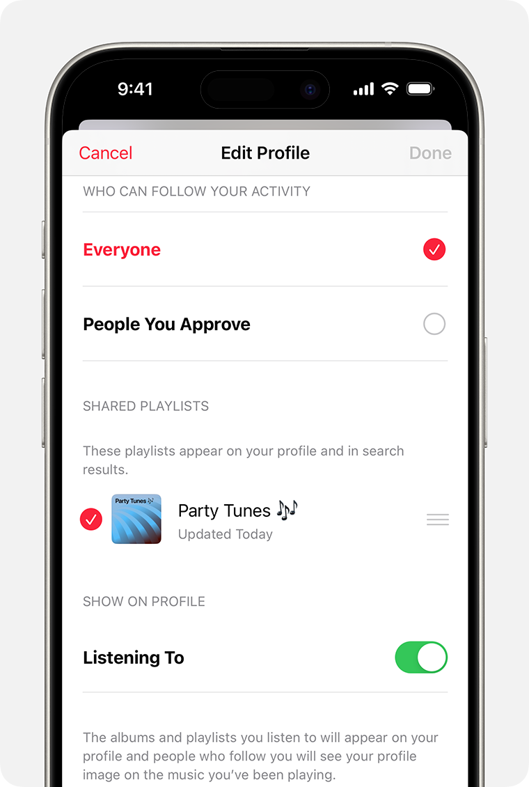 iPhone ierīce, kurā atlasīts atskaņošanas saraksts rādīšanai profilā lietotnes Apple Music profila rediģēšanas ekrānā