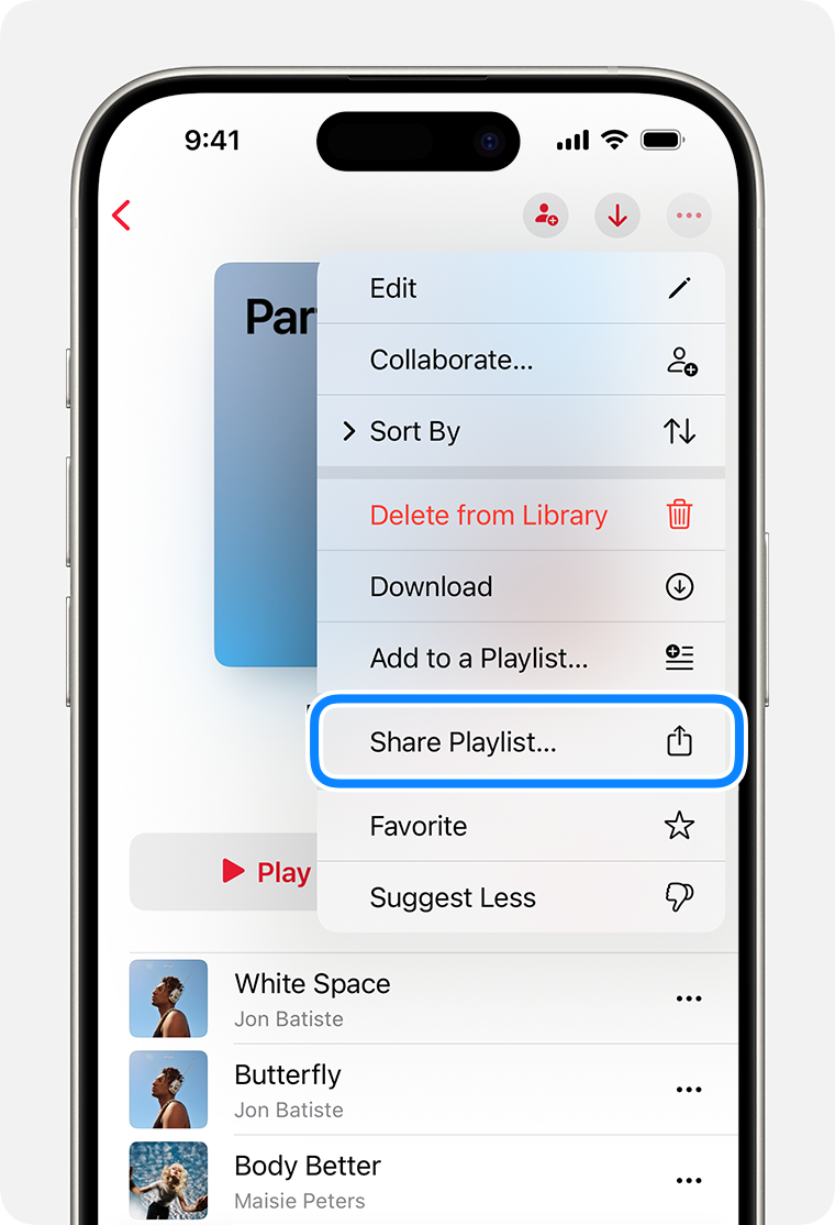 iPhone ierīce ar opciju Share Playlist (Kopīgot atskaņošanas sarakstu) izvēlnē, kas tiek parādīta pēc pieskaršanās papildinformācijas pogai