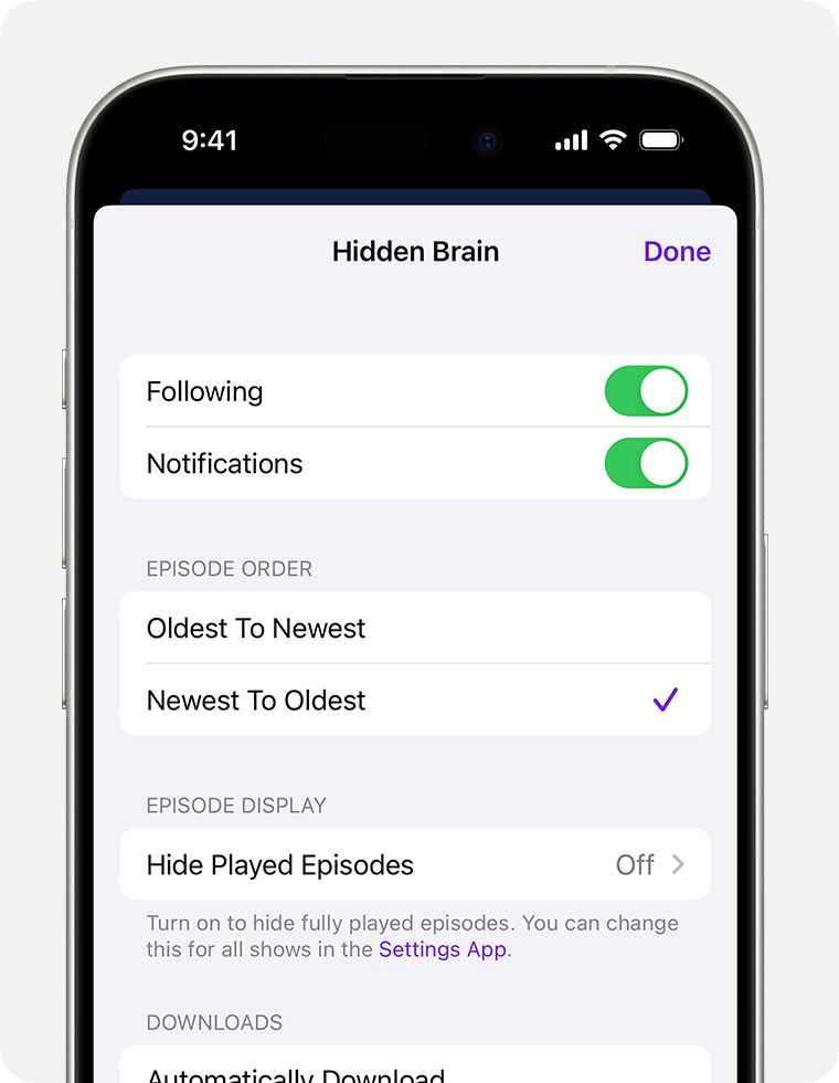 On an iPhone, the settings screen for a specific podcast. The first option is a Following toggle, then a Notifications toggle. After those, there are the Episode Order options. The first is Oldest To Newest and the second is Newest to Oldest, which is selected.