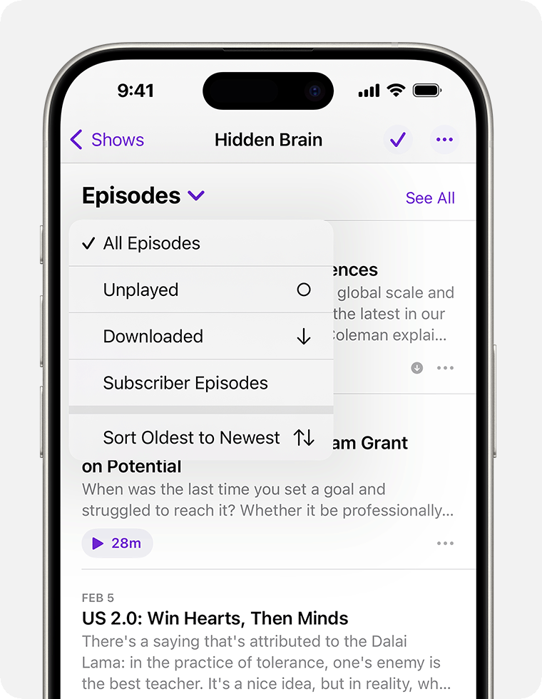 On an iPhone, the podcast show page is shown. Below the show banner, there's a drop-down arrow that's selected that says Episodes. The Episodes menu shows the options All Episodes, Unplayed, Downloaded and Subscriber Episodes. All Episodes is selected.
