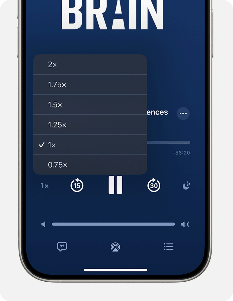 On an iPhone, the mini player for Podcasts is shown. Near the bottom left of the player, the Playback Speed button, which looks like a "1x" is selected, and has the Playback speed menu open. The options in the menu are 2x, 1.75x, 1.5x, 1.25x, 1x and 0.75x. 1x is selected.