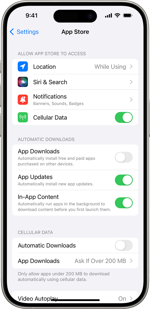 iPhone ierīce, kurā redzamas pakalpojuma App Store opcijas sadaļā Settings (Iestatījumi), tostarp opcija App Updates (Lietotņu atjauninājumi).