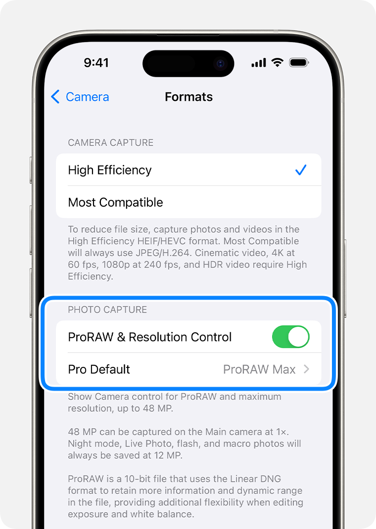 În iOS 17, poți seta rezoluția ProRAW fie la 12 MP, fie la 48 MP.