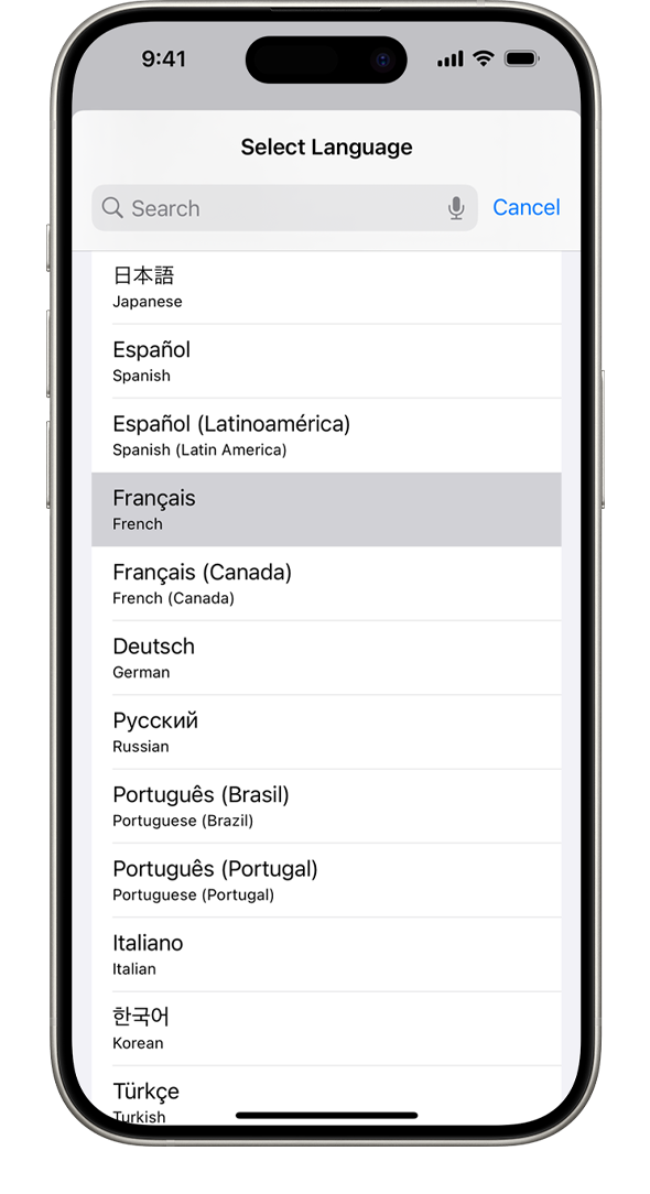 An iPhone showing the list of available system languages, with French highlighted.