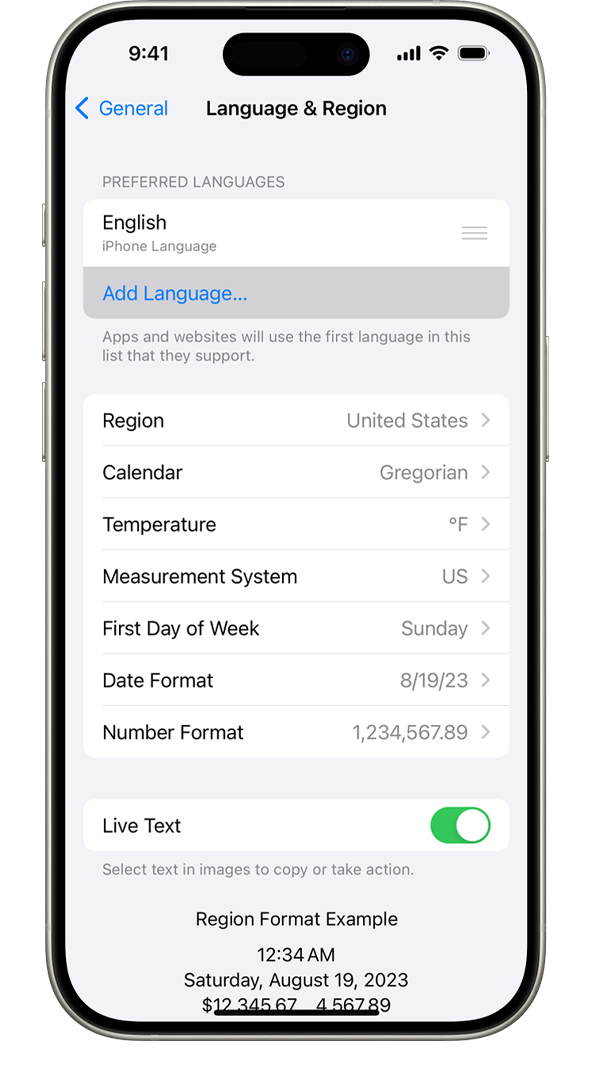 „iPhone“ rodomas „Language & Region“ (kalba ir regionas) meniu su paryškinta „Add Language“ (pridėti kalbą) parinktimi.