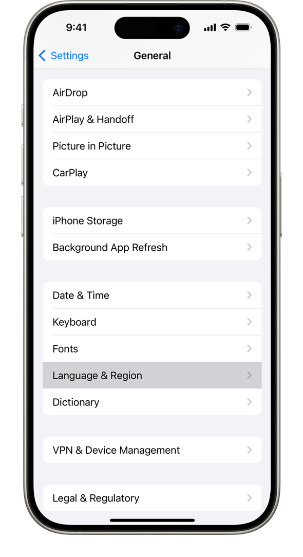 „iPhone“ rodomas meniu „General settings“ (bendrosios nuostatos), kuriame paryškinta parinktis „Language & Region“ (kalba ir regionas).