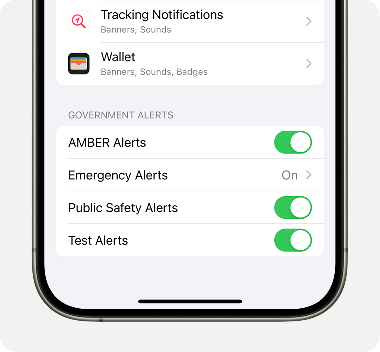 In Notifications setting, you might be able to turn government and emergency alerts on and off.